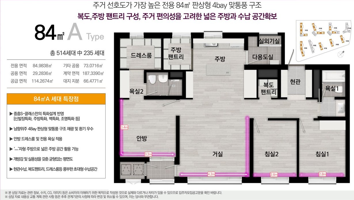 부산 장안지구 중흥S-클래스 전용 84㎡A 평면도 - 4Bay 판상형 구조